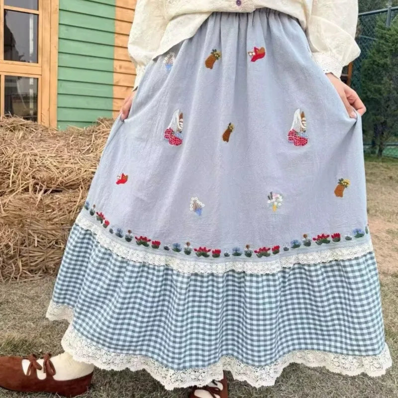 Cyflymder  Harajuku Y2K Sweet Plaid Patchwork Loose A-line Skirts Women Party Splice Lace Elastic Waist Floral Embroidery Skirt 028B