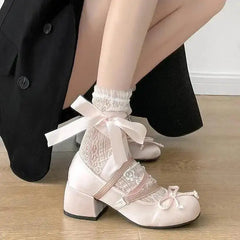Cyflymder  Lolita Cross Strap Pink Round Toe Shoes Ladies Sweet Butterfly Knot Med Heels Mary Janes Shoes Women Fashion Party Shoes Mujer