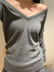 Cyflymder  Gray V-neck Sweater Women Spring Streetwear Simple Cotton Slim Long Sleeve Knitted Tops Vintage Chic Y2K Sweaters