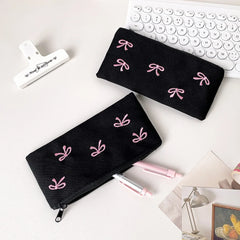 Cyflymder  1 PCS Fashionable Black Canvas Pen Bag With Embroidery Pink Bow Storage Bag For Student Friend Gift