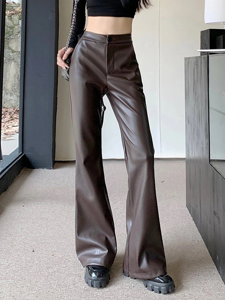 Cyflymder  Streetwear Moto Pu Flare Pants Women High Waist Slim Vintage Trousers Harajuku Casual American Retro Female Autumn Pants