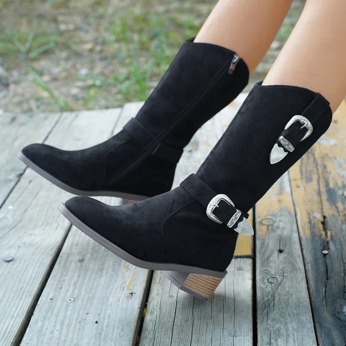 Cyflymder  Sharp pointed frosted cloth mid length boots, bimetallic buckle decorative side zipper knee length boots, plus size women's shoe