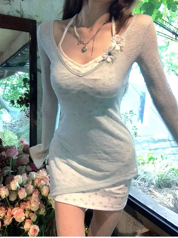 Cyflymder  Summer Suit for Women Waist-hugging Short Printed Suspender Dress Thin + Long-sleeved Shirt Two-piece Set