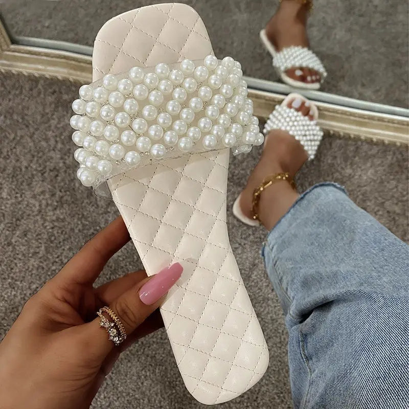 Cyflymder  Spring/summer new women pearl rhinestone women's all-match casual slippers fashion solid color flat shoes sandals