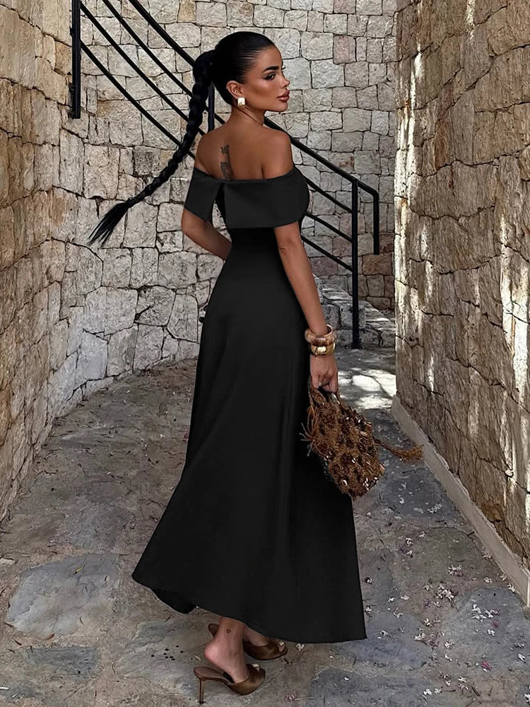 Cyflymder  Classic Sexy Slash Neck Dress Women Elegant Solid Simple Office Birthday Evening Cocktail Party Stretchy Maxi Bodycon