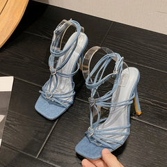 Cyflymder   Summer Blue Denim Sandals Women Elegant Square Toe Party Wedding High Heels Crystal Buckle Narrow Band Female Dress Shoes