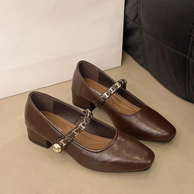 Cyflymder  Retro low-heeled single shoes for women, new summer fashion gold buckle square toe comfortable high-heeled leather shoes