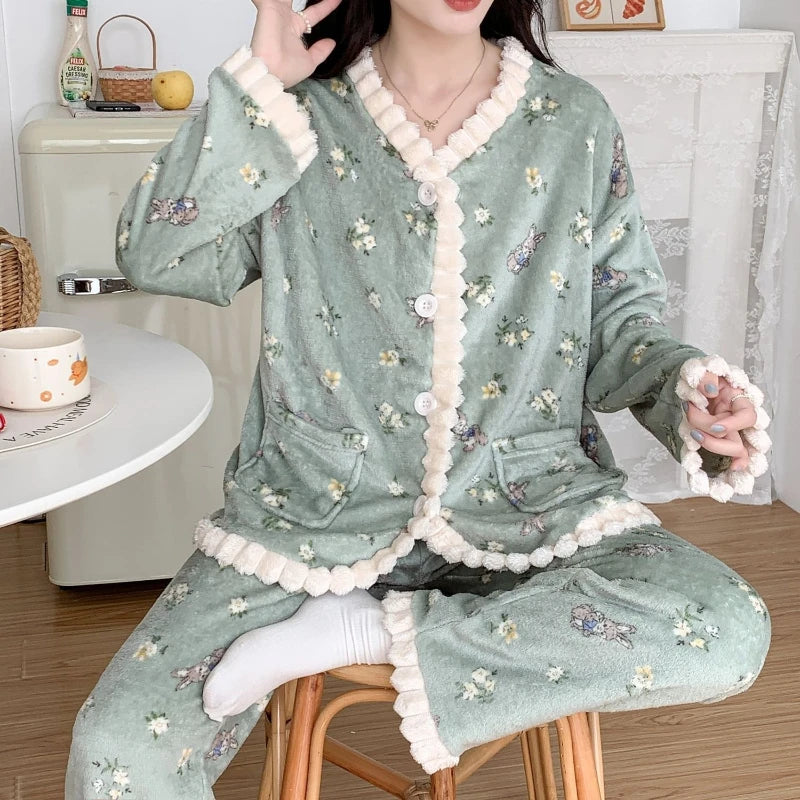 Cyflymder  Coral Fleece Pajamas Women Autumn Winter Print Thickened Plush Sleepwear Cardigan Suit Warm Soft Homewear Long Sleeves Pajamas