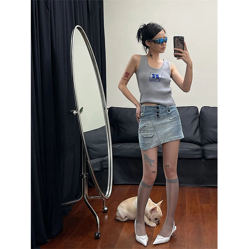 Cyflymder  Y2K Cargo Denim Mini Skirt Women Vintage 90S Washed Hip Wrap Skirts Summer Streetwear Korean Sexy Gyaru High Waist Design Faldas