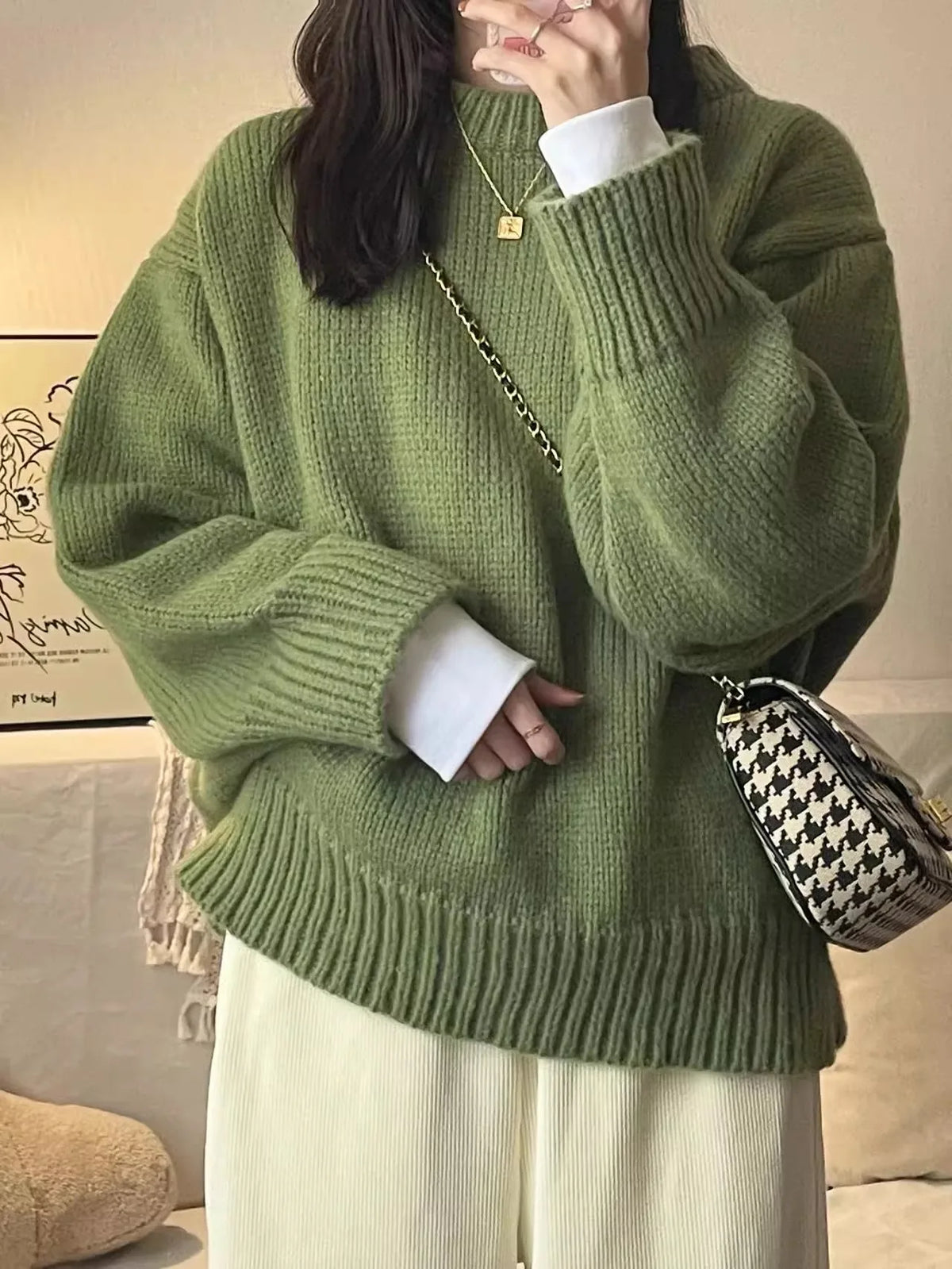 Cyflymder  New O-Neck Loose Green Pullover Sweater For Women Autumn Winter Thick Retro Japanese Lazy Style Interior Bottom Knitted Top