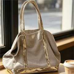 Cyflymder   Fashion Sequin Tote Bag Women Patchwork Linen Large Capacity Shoulder Bag Ladies Versatile Casual Commute Beach Bag Trendy Chic