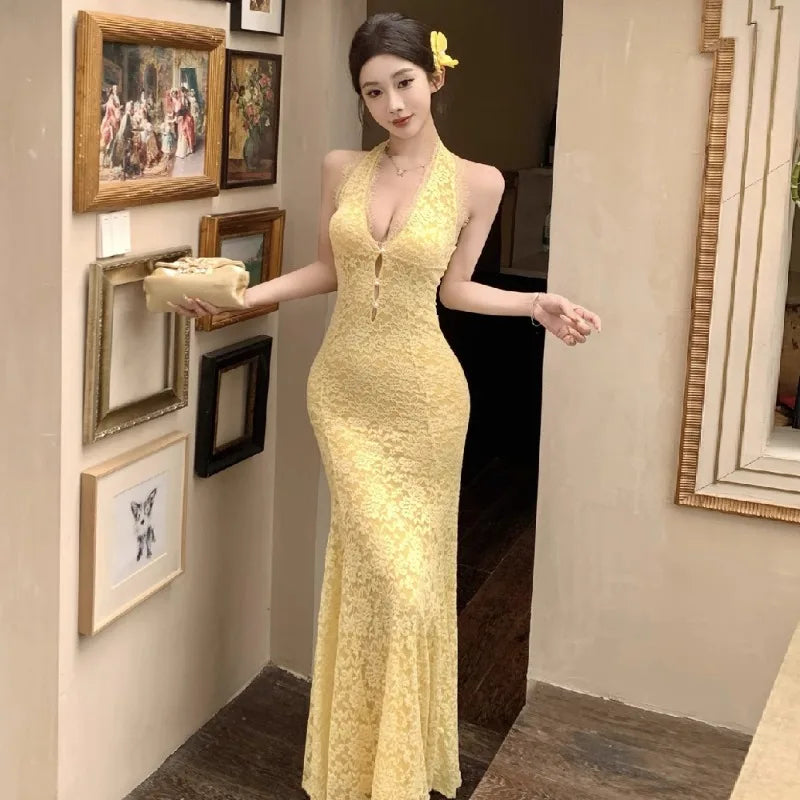 Cyflymder  Sexy Dresses Women Sleeveless Halter Backless Lace Patchwork Slim Stretch Hollow Out Backless Elegant Mermaid Dress Party