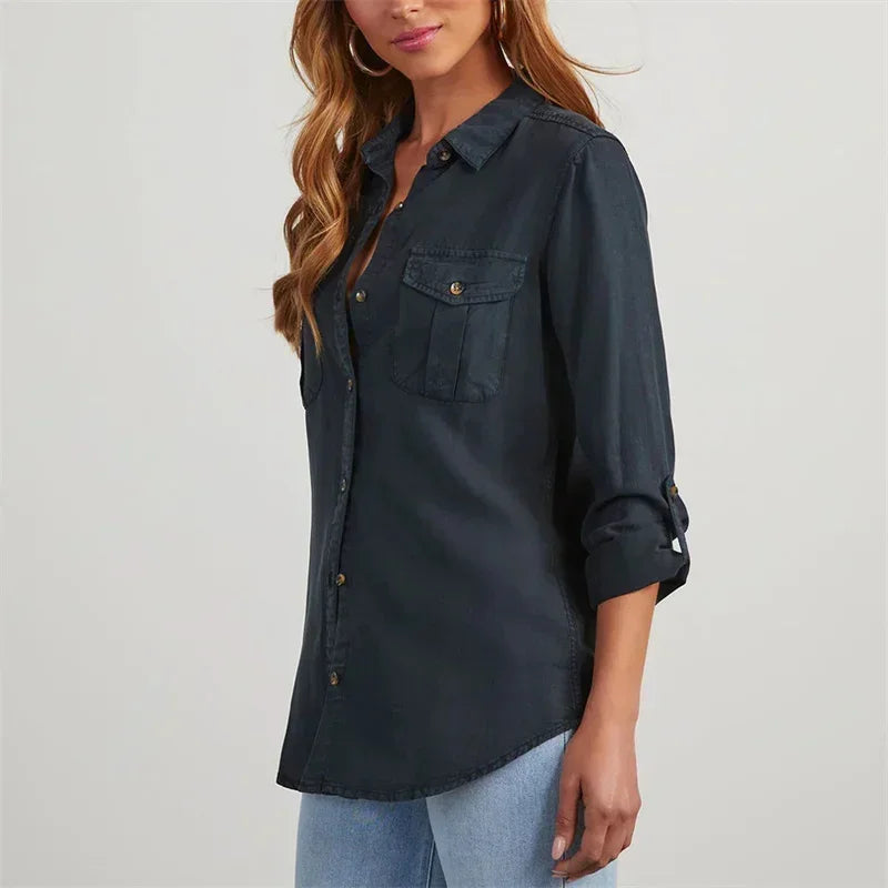 Cyflymder  Women Double Pockets Splice Decoration Denim Shirt New Single-breasted Cardigan Lapel Blouse Autumn Casual Commuter Female Tops