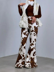 Cyflymder  Sle Women's Brown Cow Print Flared Pants Slimming Sexy ow Body ape Beautiful Bell Bot Casual Trousers