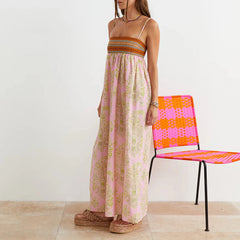 Cyflymder  Women Vintage Boho Graffiti Cami Long Dress Spaghetti Strap Square Neck A Line Flowy Sundress Beach Maxi Dress