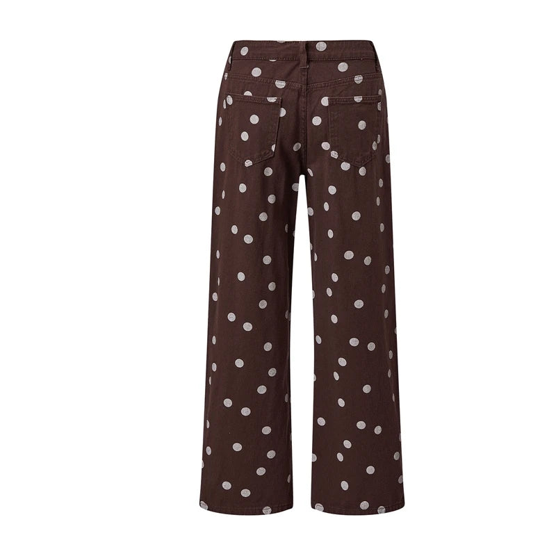 Cyflymder  Women Polka Dot Wide Leg Jeans High Waisted Loose Fit Straight Leg Denim Pants Y2K Retro Trousers Preppy Streetwear
