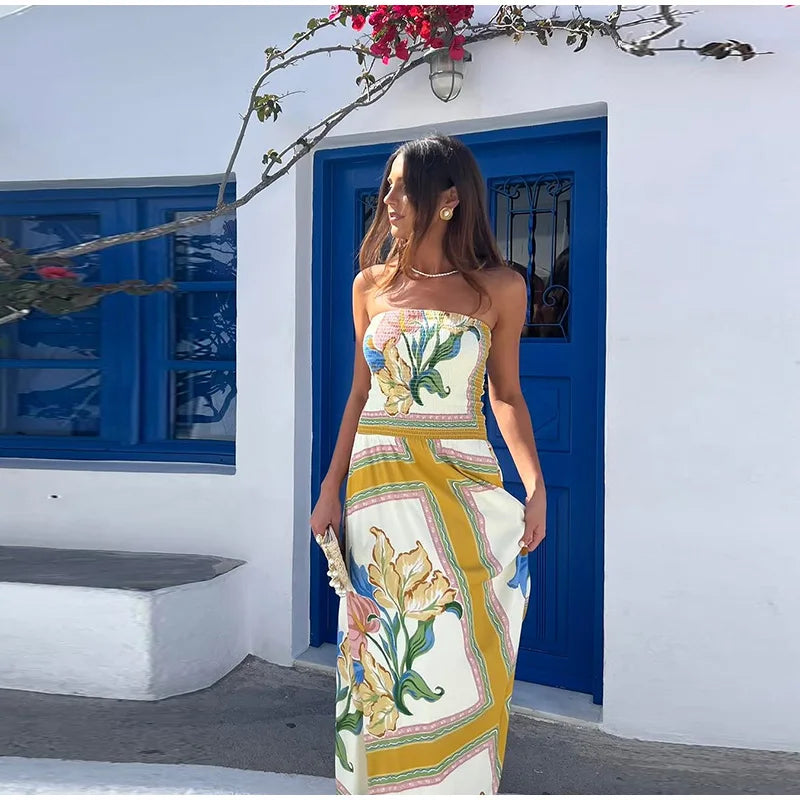 Cyflymder  Printed Chic Strapless Floor Dress Women Backless Slim Elastic High Waist Pleated Vacation Dresses 2025 Summer Party Lady Robe