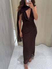 Cyflymder  Womens Fashion Polka Dot Halter With Scarf Long Dress New Brown Backless Midi Dresses Elegant Sexy Bodycon Evening Dress