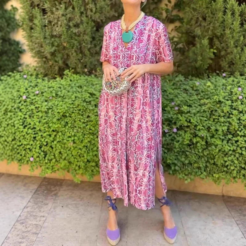 Cyflymder  Leisure High Waist Pattern Printed Women's Dress Summer New Loose Party Maxi Dress Elegant V-neck Short Sleeve Commuting Dresses