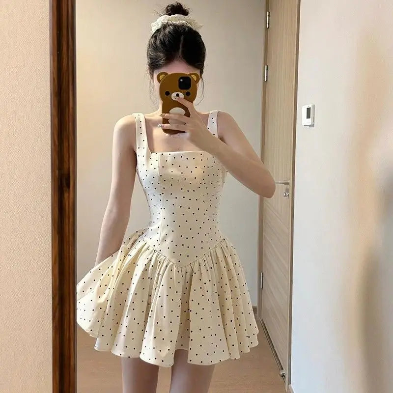 Cyflymder  French Square Neck Polka Dot Sleeveless Dress Women Summer 2025 New Style High-end Temperament Waist Cinching A-line