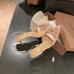 Cyflymder  Womens Sandals with Flower Straight Buckle Strap Cose Toes Slim Heel Non Slip Versatile 2025 Summer Outdoor Mesh Fashion Sandals