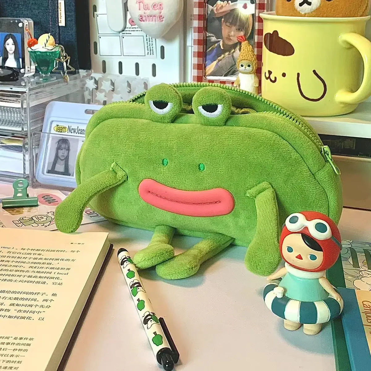 Cyflymder  1 Piece Funny Frog Pencil Case for Kids Creative Design Cute Cartoon Frog Stationery Storage Bag Large Capacity Kawaii Pen Case