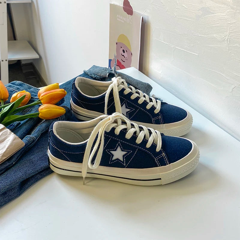 Cyflymder  Retro Star Canvas oes Women's Versatile Little Dir oes INS Skateboard oes Hong Kong Sle Ulzzang Trendy Student Whit...