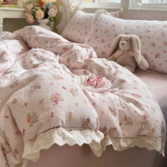 Cyflymder  Korean Style Girly Heart Floral Double Layer Gauze Four-Piece Set Princess Style Lace Trim Quilt Cover Bed Sheet Dormitory