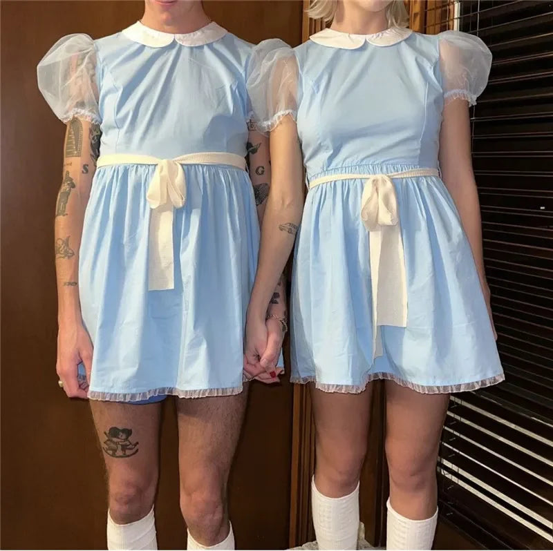 Cyflymder  Halloween Women Summer Mini Sweet Dress Short Sheer Mesh Sleeve Doll Collar Dress with Belt Y2K Vintage Festival Clothes