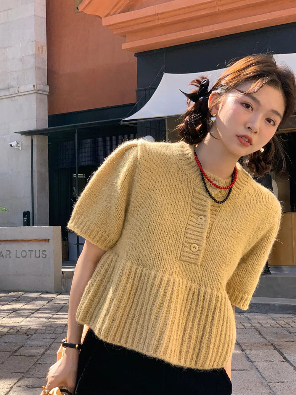 Cyflymder  Chic Autumn New Sle Retro Splicing Lace Trim Soft Bubble Sve Knitted Sweater Women's Faionable Commute Loose Fit