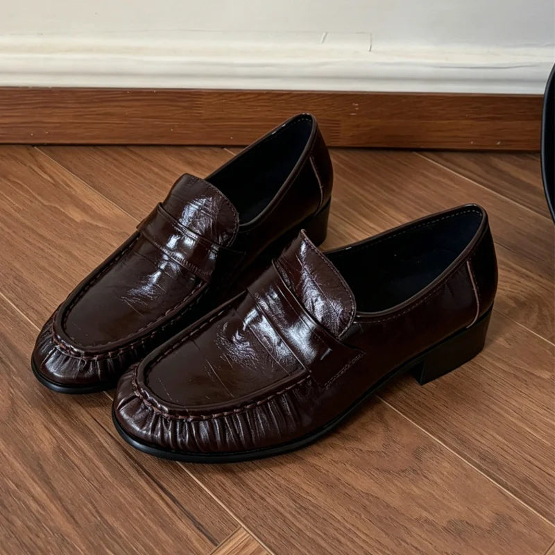 Cyflymder  Women Retro Wrinkle Leather Loafers Slip On Flat Penny Shoes Glossy Ruched Design Casual Office Dress Loafers Fashion Comfort