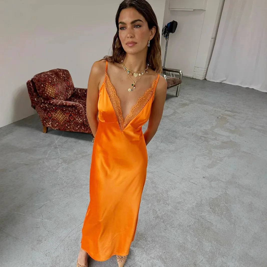 Cyflymder  Sexy Lace Slip Dress Women Summer New Lace Trim V-Neck Slim Tourist Beach Straps Long Dress Female Leisure Banquet Dress