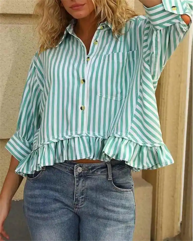 Cyflymder  Casual Stripe irt Women's Summer Top Button down ort Sve Gathered Hem Bubble Sve Polyester Fiber Commute Sleeve