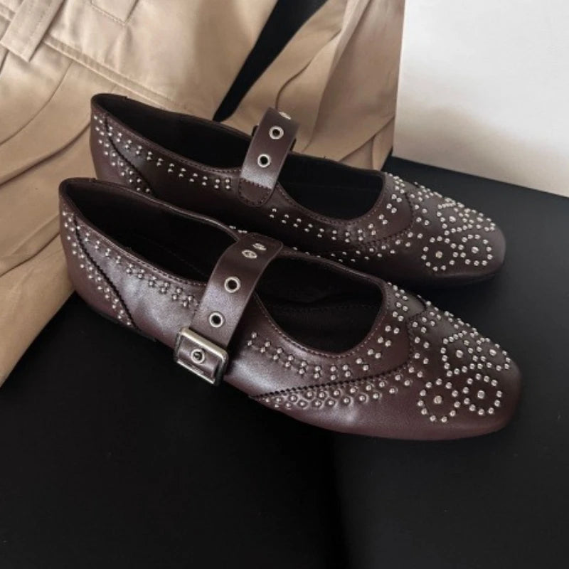 Cyflymder  Retro Rivet Buckle Design Flats Women Round Toe Shallow Elegant Mary Jane Shoes for Ladies Fashion Brand Designer Casual Shoes