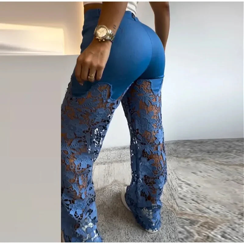 Cyflymder  Retro Lace Patchwork Women Blue Denim Pants High Waist Wide Leg Baggy Jeans Chic Y2k Fashion Casual Elegant High Street Trousers
