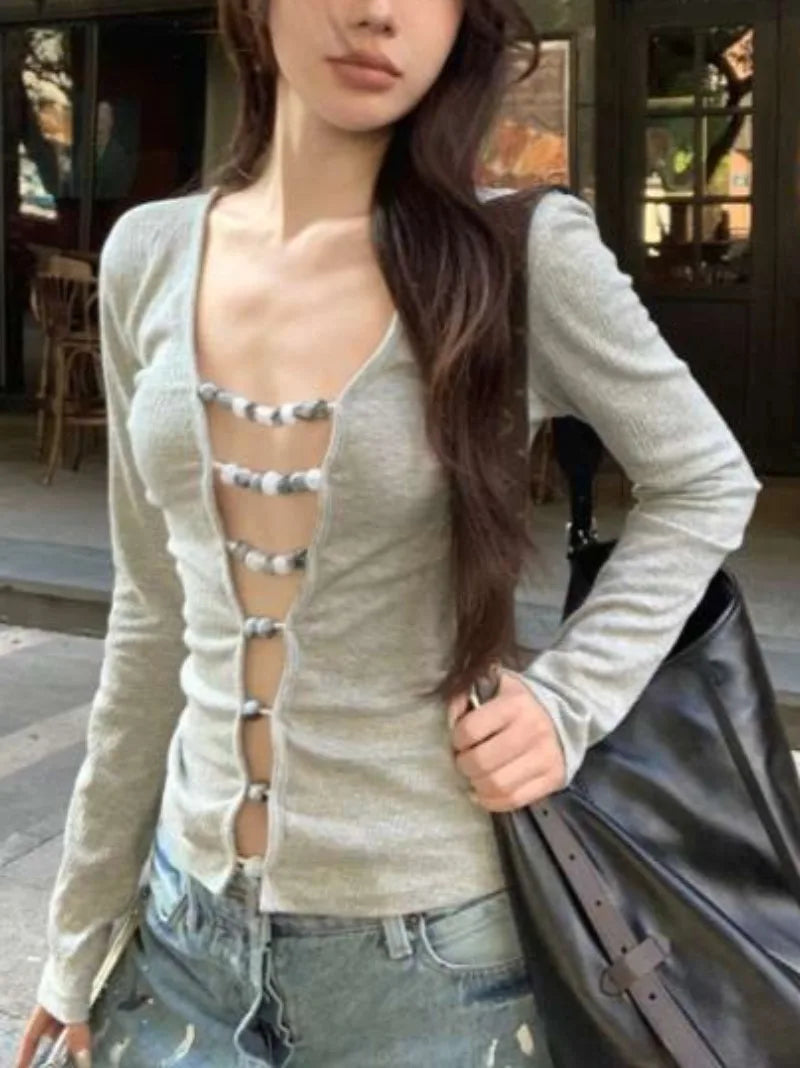 Cyflymder  Reversible Long Sleeve T Shirt Women Beaded Cut Out Backless Top Y2k Autumn Clothing Sexy Hollow Out Aesthetic Streetwear Female