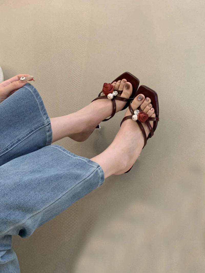 Cyflymder  Wine Red Flowers Pearl Women Slippers Sandals Fashion Square Open Toe Thin High Heels Mules Slides Summer Party Dress Shoe