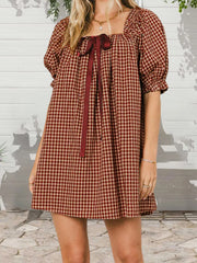 Cyflymder  Elegant Plaid Summer Dress with Square Neckline and Puff Sleeves Perfect for Daily Wear and Travel Outfits