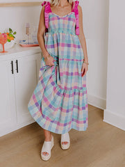 Cyflymder  Elegant Sleeveless Maxi Dress with Tie-Shoulder Detail and Ruffled Trim in Chic Plaid Pattern for Women s Fashion