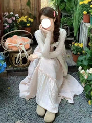 Cyflymder  French Lace Splice Pink Strap Dress Summer Vacation Style Gentle Long Dress Minimalist Young Two-Piece Set High Waist A- Line