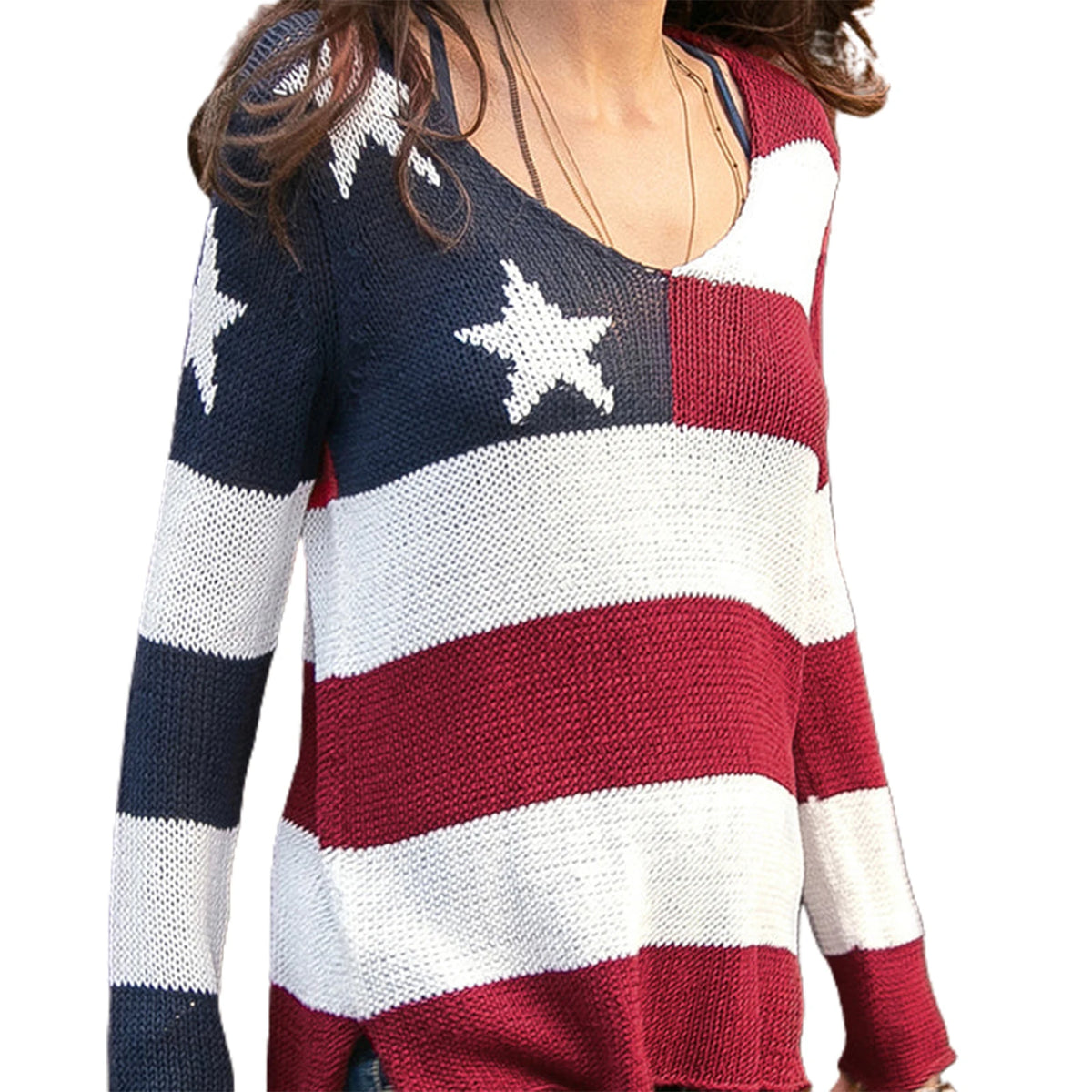 Cyflymder  Women s 4th of July Knit Tops Flag Star Stripe Print Long Sleeve V-Neck Slit Hem  Knitwear