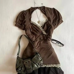 Cyflymder  Vintage Euramerican Halter Backless T Shirts Y2k Aesthetic Harajuku Spliced Lace Edge V Neck Slim Fit Clothes All Match Lazy Top