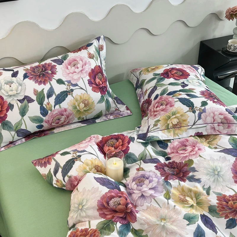 Cyflymder  100% Cotton Flowers Print Luxury Bedding Set Single Double Queen King Size Duvet Cover Flat/Fitted Bed Sheet Pillowcases 3/4Pcs