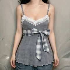 Cyflymder  Sweet Girly Style Bow Stitched Plaid Lace Suspender Top V-neck with Bottoming Baby Doll Vest for Women