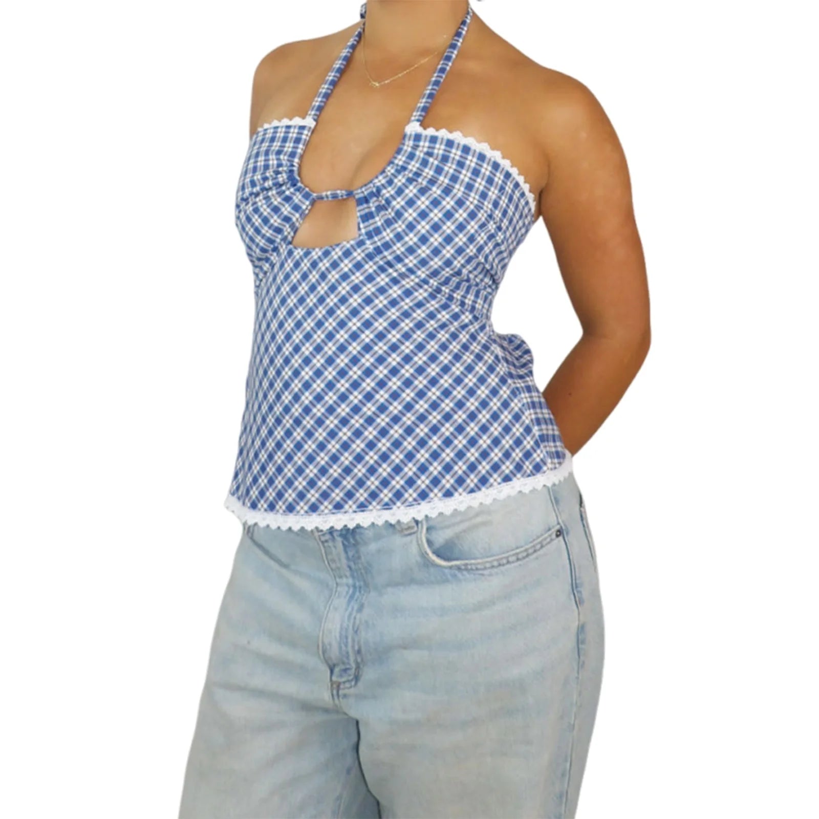 Cyflymder  Plaid Print Sleeveless Corset Halter Top with Cutout Detail and Backless Design Perfect for Streetwear and Grunge Fashionistas