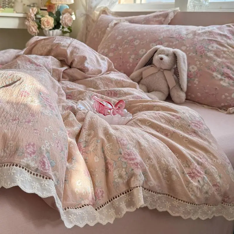 Cyflymder  Korean Style Girly Heart Floral Double Layer Gauze Four-Piece Set Princess Style Lace Trim Quilt Cover Bed Sheet Dormitory