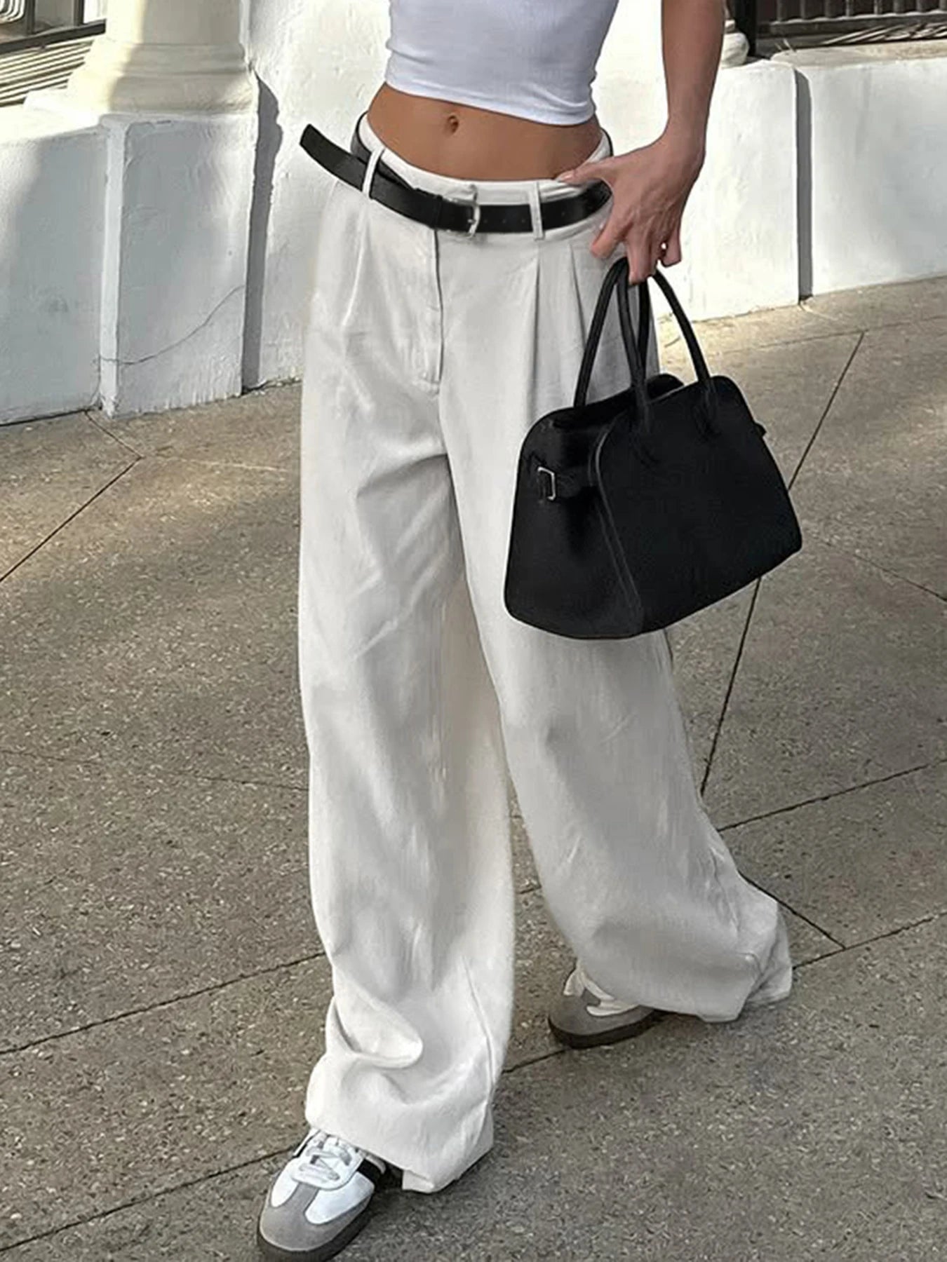 Cyflymder  Casual White Loose Suit Pants with Belt Women Summer Street Style Baggy Straight Trouser Korean Fashion All-match Capris