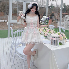 Cyflymder  Cute Crop Tops for Sweet Girls Summer Lace Trim Bows Bead String Decoration Slim Cropped Lolita Style Tank Top Kawaii Clothes