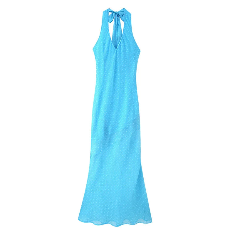 Cyflymder  Women's Elegant Slim Party Dress New Fashion Polka Dot Print Lace-up Drape Neck Maxi Dress Sexy Holiday Backless Dress