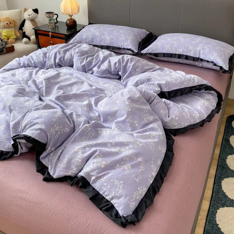 Cyflymder  INS French Style Floral Simple Black Lace Double Layer Gauze Bedding Set Washed Cotton Bed Sheet Fitted Sheet Fresh Quilt Cover